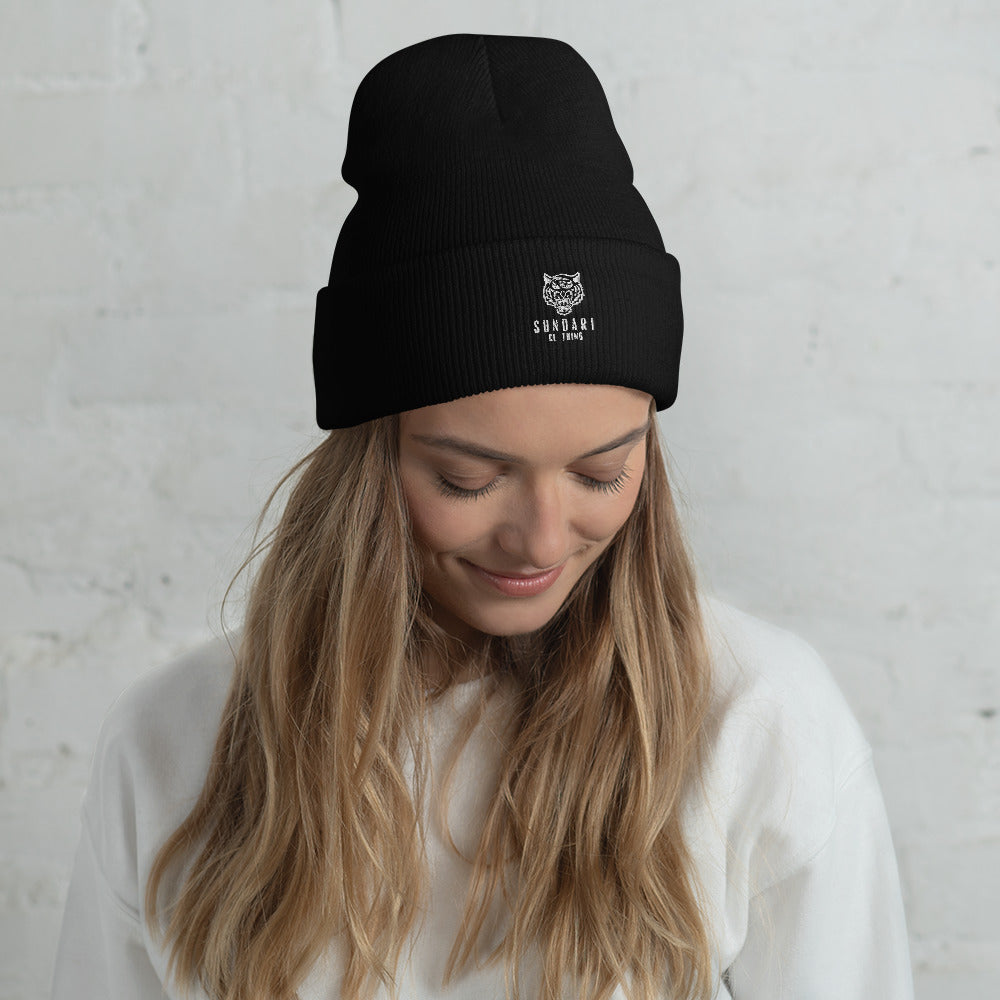 Cuffed Beanie with full logo in white – Sundari Store